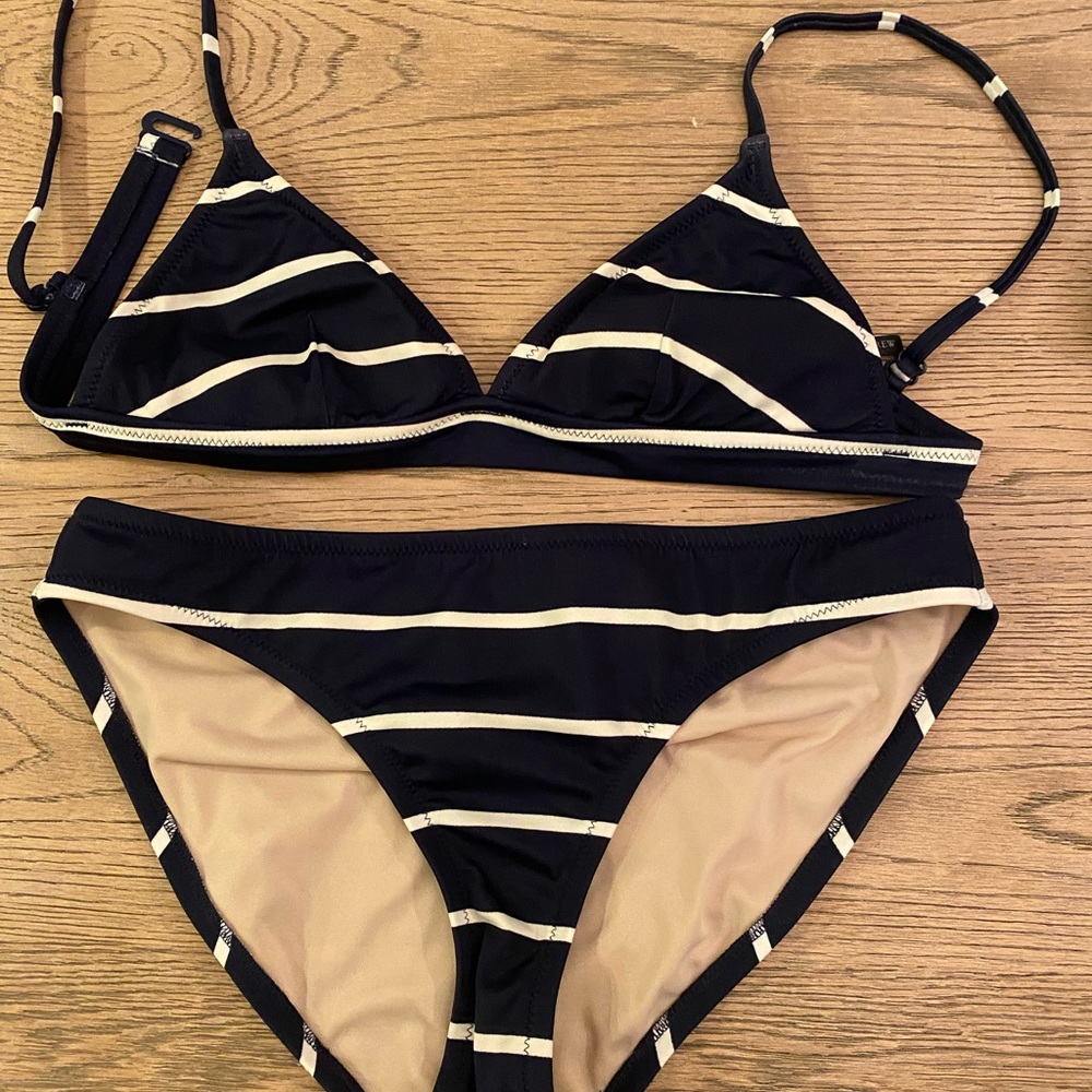 JCrew navy stripe bikini (top is XS and bottoms S)
